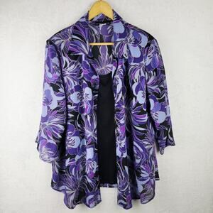 Whimsical 2X Button Top Tank Combo 3/4 Sleeve Purple Floral Casual Cottagecore